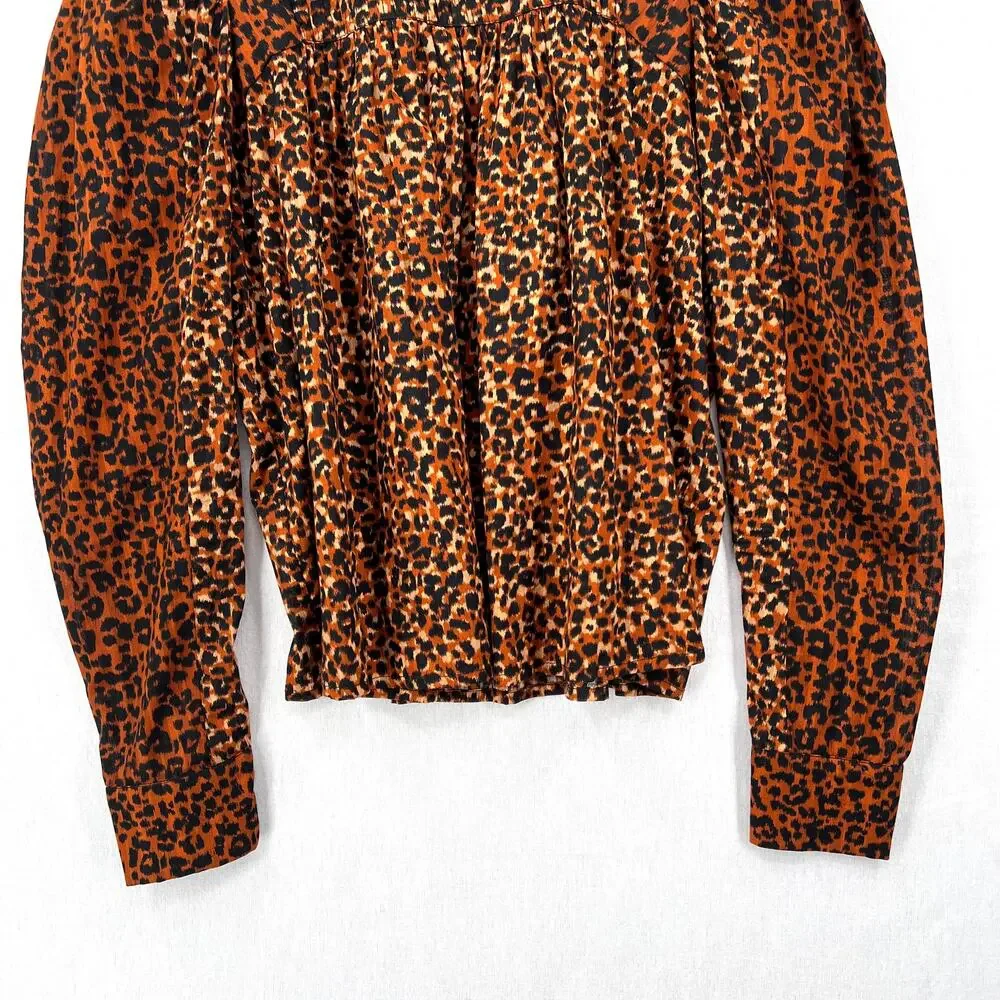 ULLA JOHNSON Vesna Blouse Womens 4 Brown Black Leopard Print Cotton Puff Sleeve